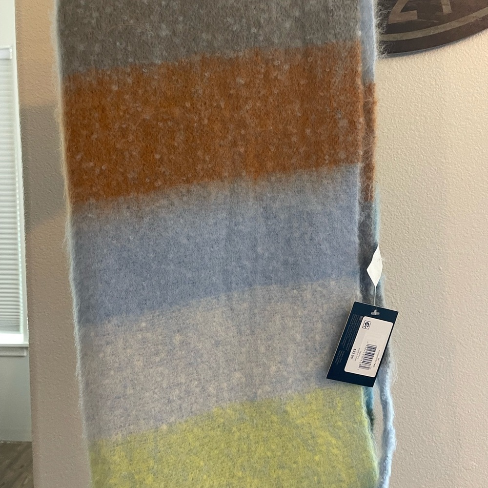 Striped Multicolor Cozy Wool Blend Scarf - Blue, Gray, Mustard, Lime